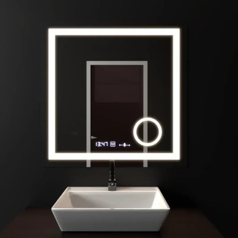 Oglinda LED Senzor MotionGlow Alfie, cu functie Dezaburire Termometru Ceas si lupa Cosmetica Patrata 60x60 cm Lumina Rece/Calda/Neutra Dimabila, colectia Marcello Funghi - imagine 3