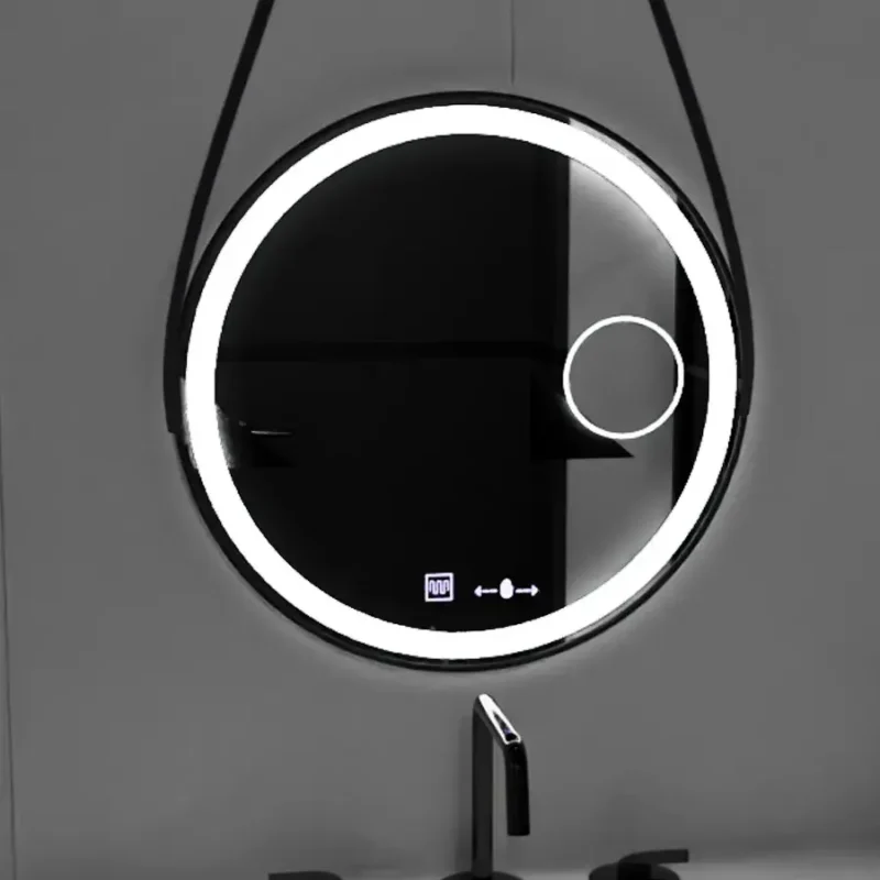 Oglinda LED Senzor MotionGlow Micah Rotunda Diametru 60 cm Lumina Rece/Calda/Neutra Dimabila Sistem Dezaburire Termometru Ceas si Lupa Cosmetica Rama Negru Periat cu Curea Piele Ecologica