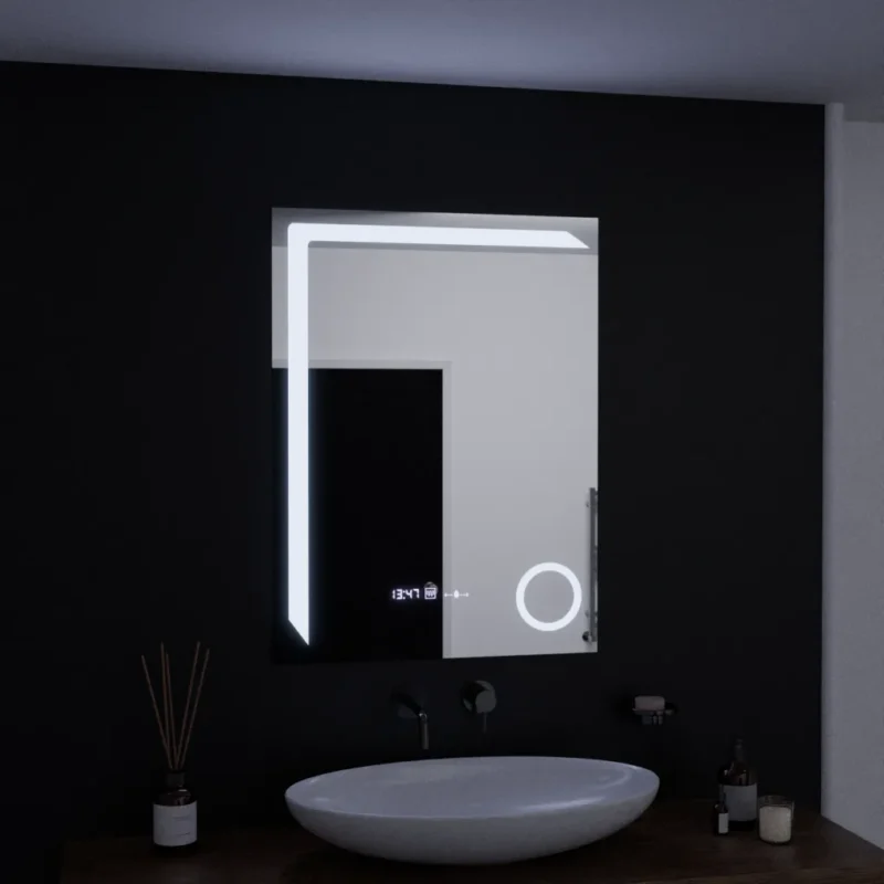 Oglinda LED Senzor MotionGlow Riflesso, cu functie Dezaburire Termometru Ceas si lupa Cosmetica, 60x80 cm Lumina Rece/Calda/Neutra Dimabila, colectia Marcello Funghi - imagine 3