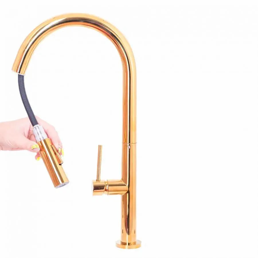 Baterie Bucatarie cu Dus Extractibil, Alama Sanitara, Auriu, CF2043 - imagine 3